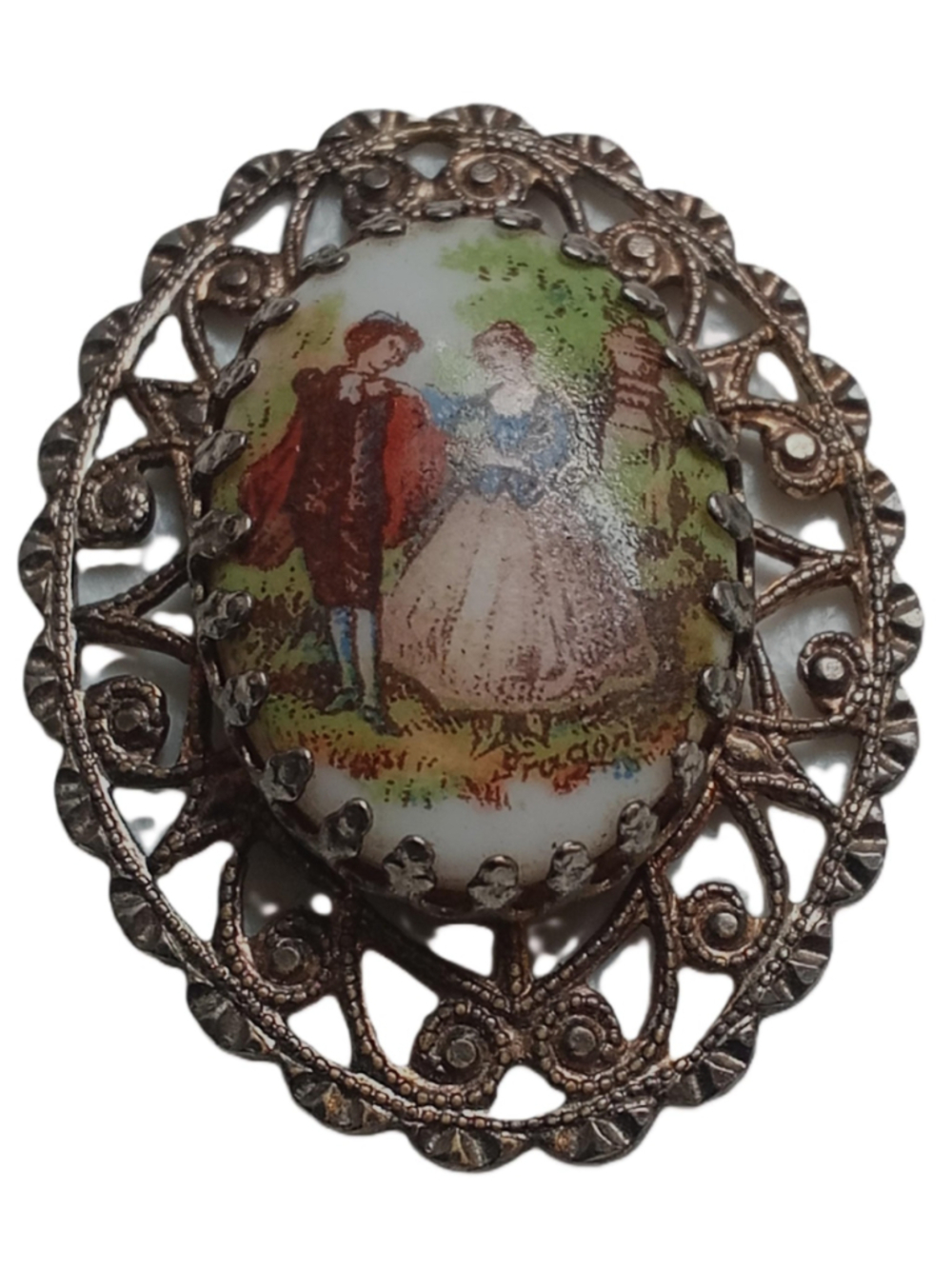 Vintage Gold Filigree Brooch Pendant Porcelain Fragonard Couple Scene